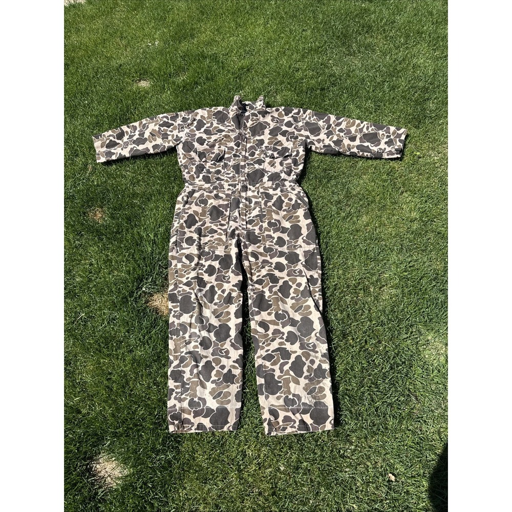 Vintage Duck Bay Overalls Mens L Hunting Woodland Camo Front Zip With Pockets